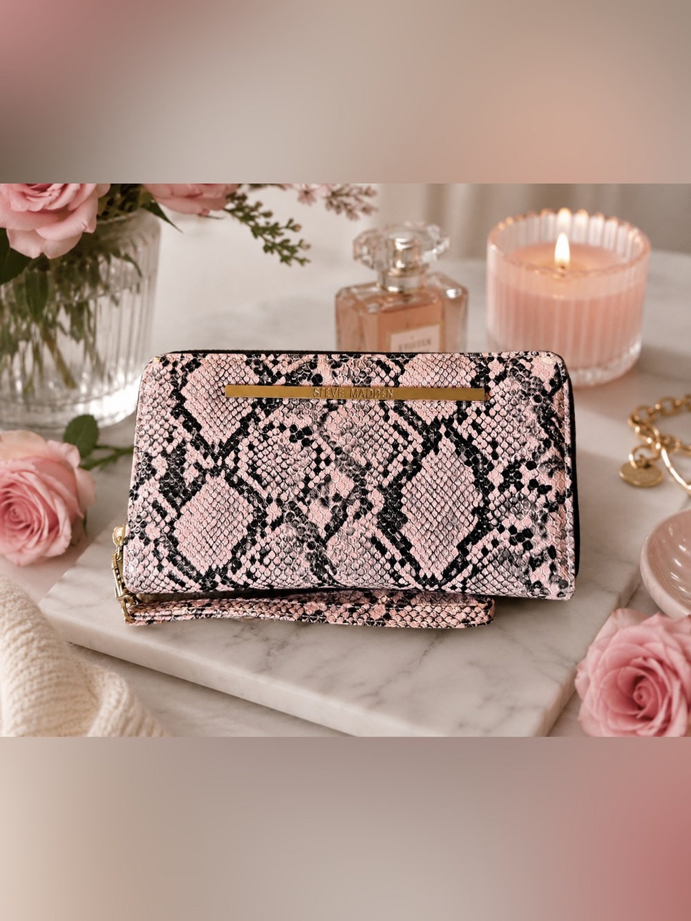 Steve Madden Pink Snakeskin Zip Around Wallet